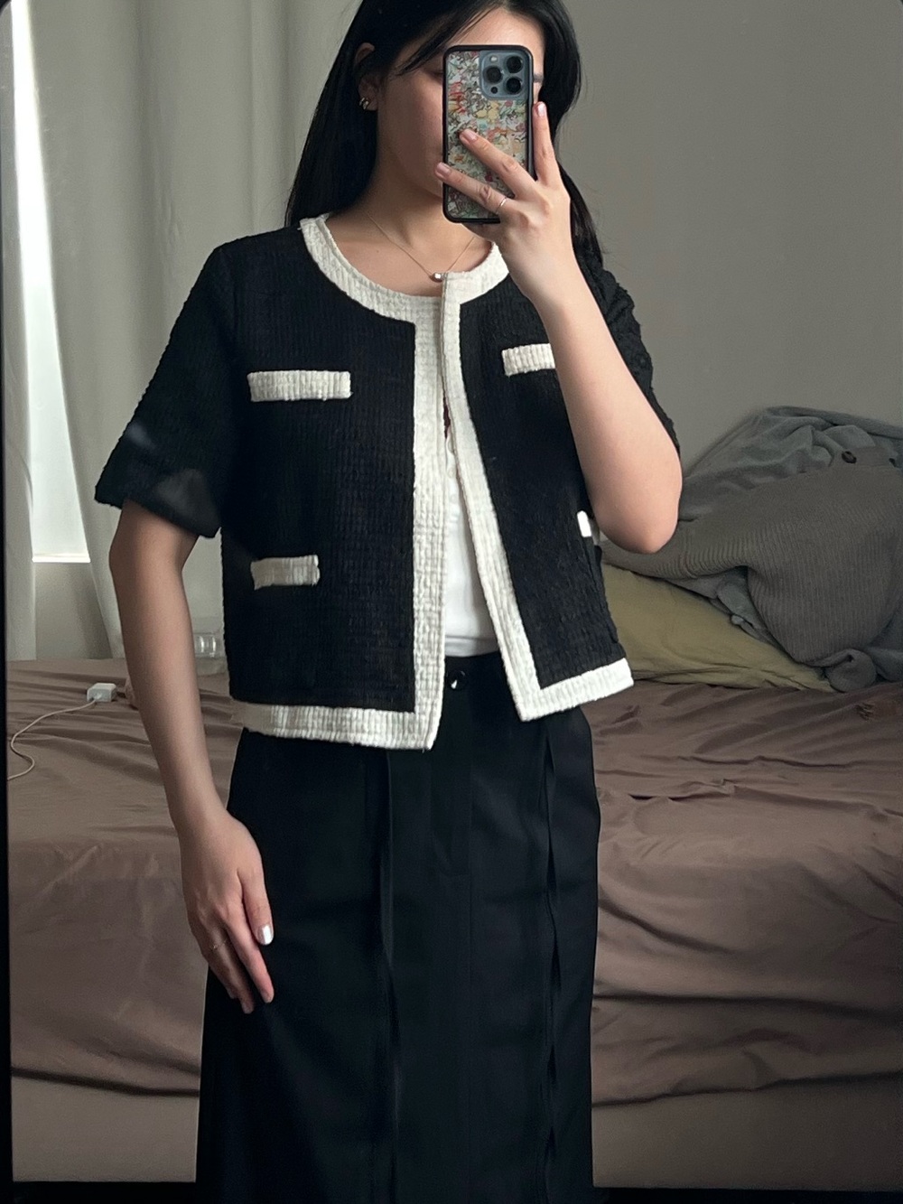 black and white crop tweed jacket